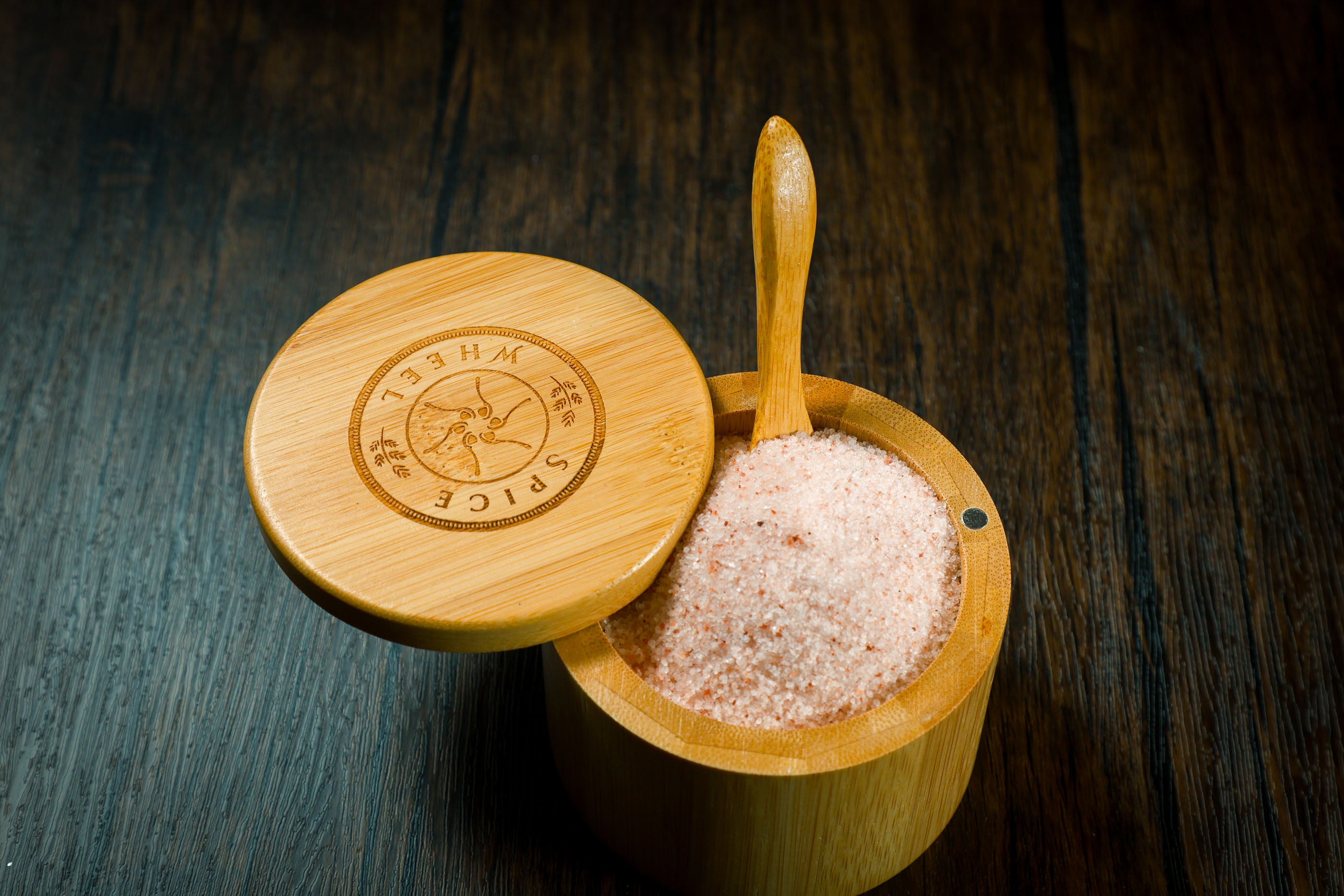 Bamboo Salt Container filled with Pink Himalayan Salt